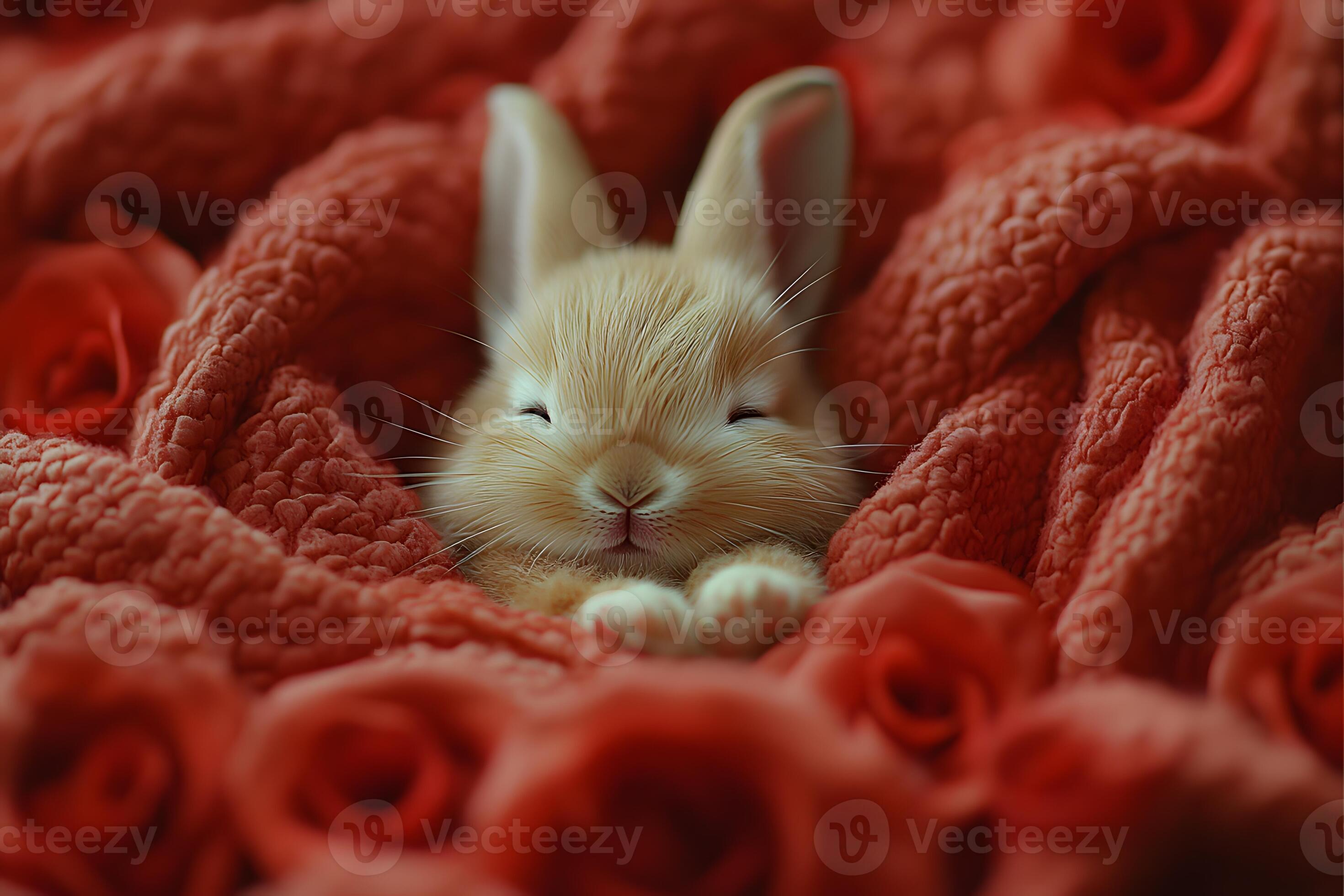 2940x1960 Adorable Sleeping Bunny Nestled in Cozy Red Blanket for Comfort and Warmth