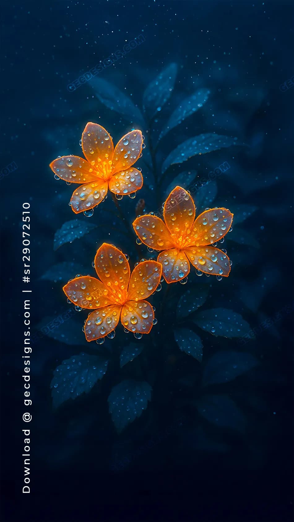 950x1688 Glowing Orange Flowers iPhone Wallpaper with Dew Drops and Dark Blue Background Download on GEC Designs