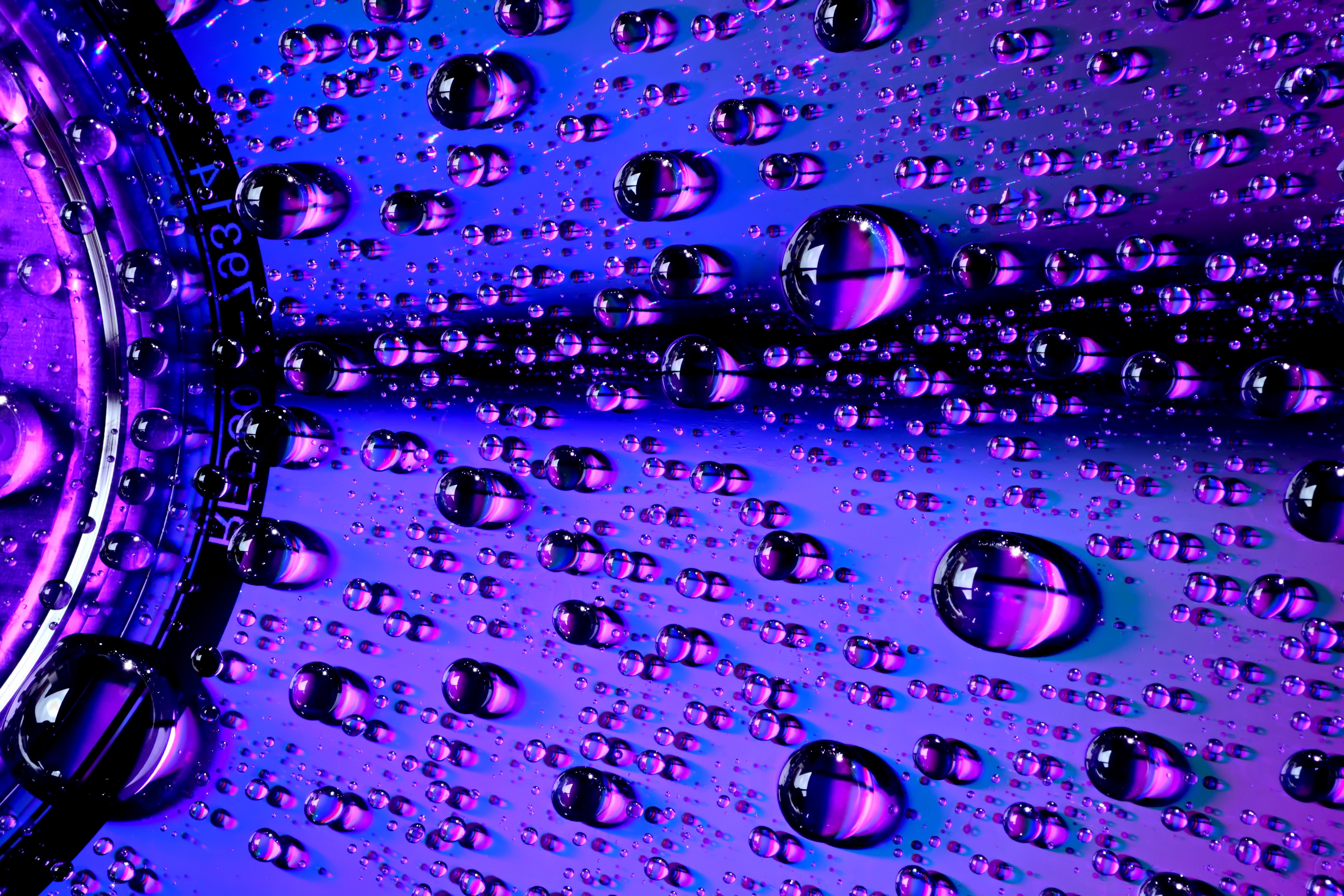 5649x3766 Water droplets Wallpaper 4K, Macro, Purple light, Closeup, CD