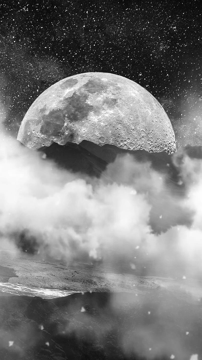 800x1422 Moon clouds, DARK, black and white, night, sky, smoke, stars, HD phone wallpaper