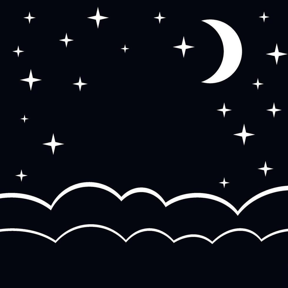 980x980 Night sky with stars and moon, monochrome black white style, paper layout. Baby background. Moon illustration on black background, crescent, night sky illustration, black and white sky vector 38063460 Vector Art