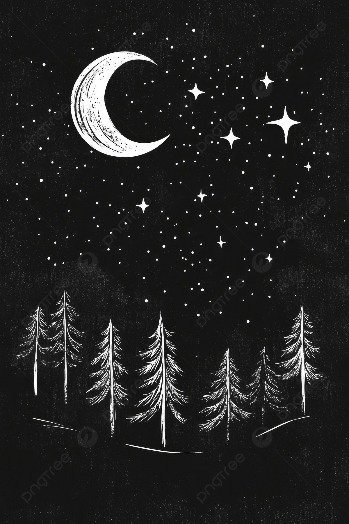 1200x1800 Drawing Of A Starry Sky Forest And Night Scene In Monochrome Color Background Wallpaper Image For Free Download