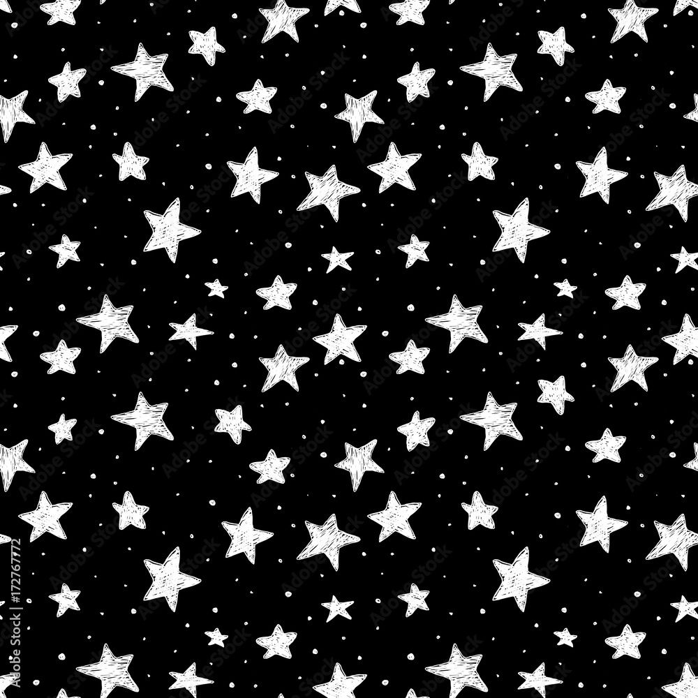 1000x1000 beautiful seamless pattern hand drawn doodle stars black and white isolated on background. night sky Stock Vector