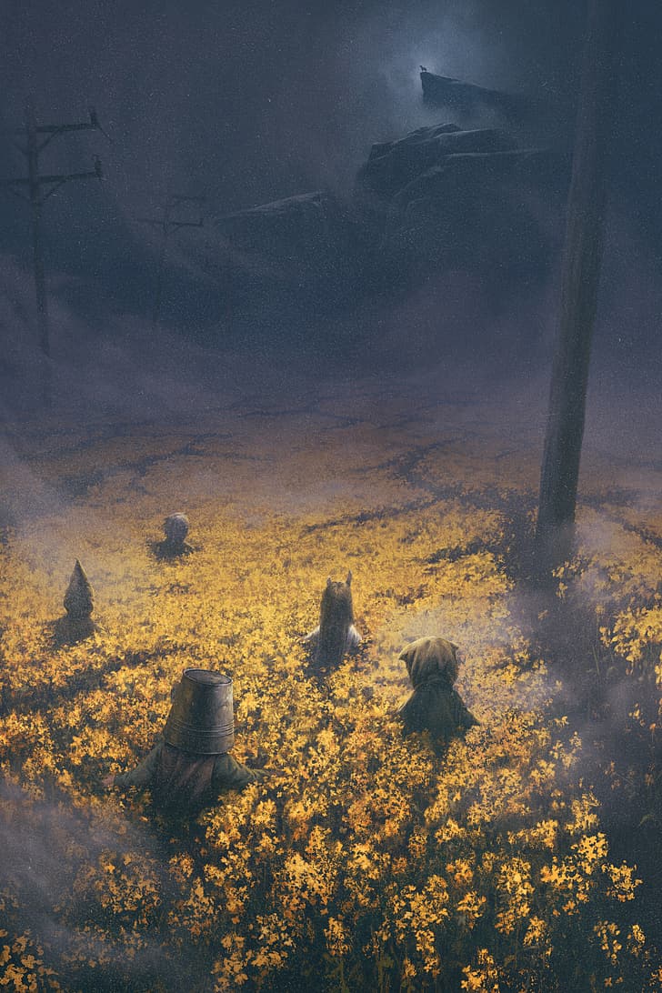 728x1092 HD wallpaper: Reanimal, Tarsier Studios, yellow flowers, field, video game art