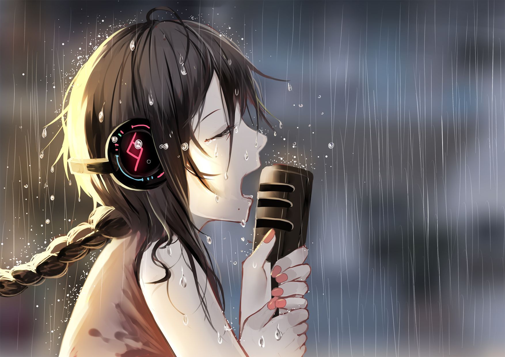 1754x1240 Desktop wallpaper: Anime, Vocaloid, Braid, Headphones, Microphone, Rain, Yuezheng Ling 4K free download for PC. 745428