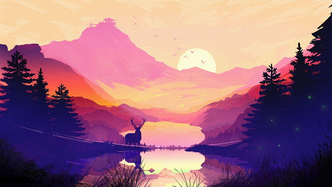 1366x768 Desktop Wallpaper Deer Nature Spruce Mountains Lake 1366x768