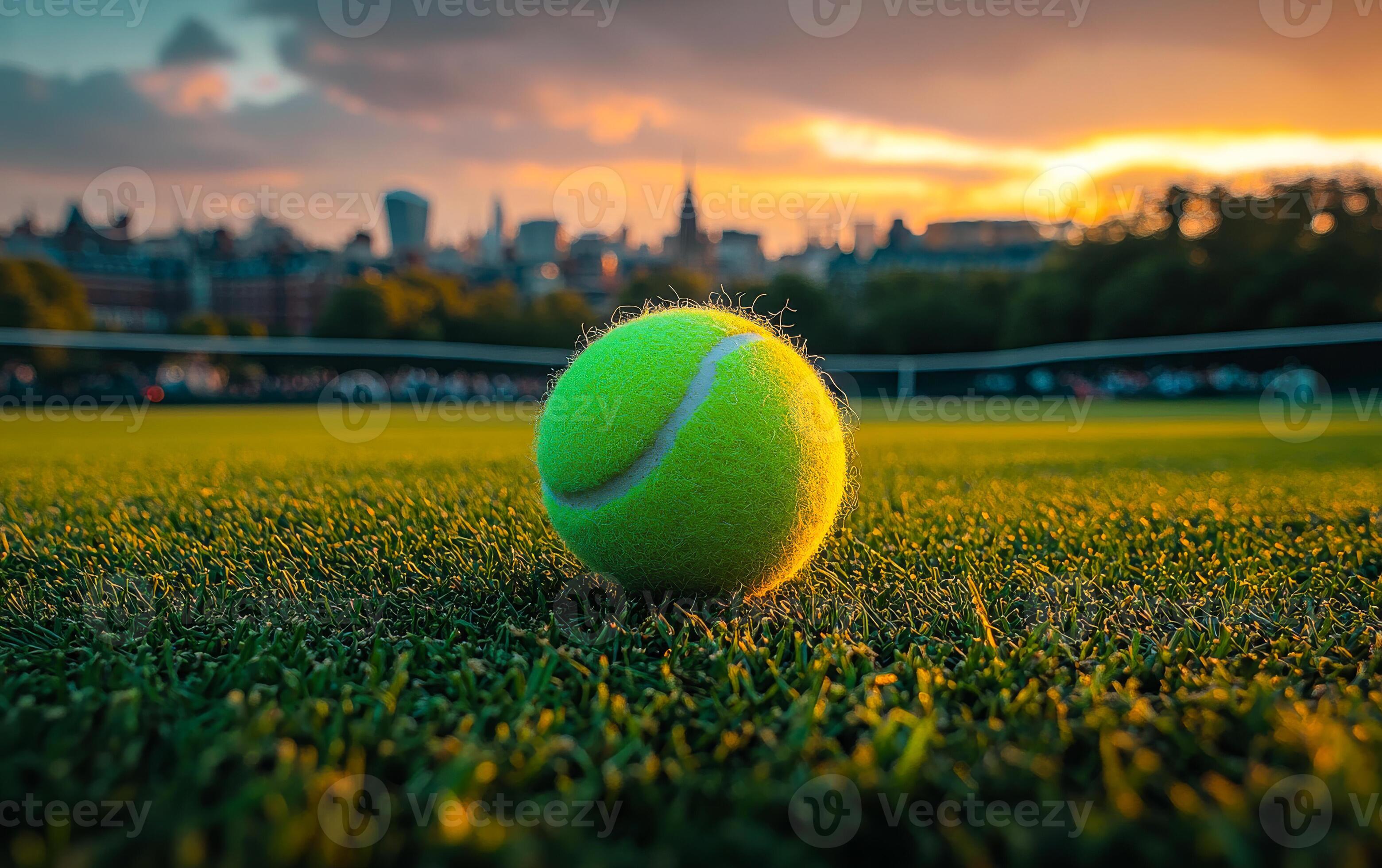 3121x1960 Bright tennis ball rests on green grass. A vivid tennis ball sits on lush green grass during sunset, with a city skyline softly illuminated in the background