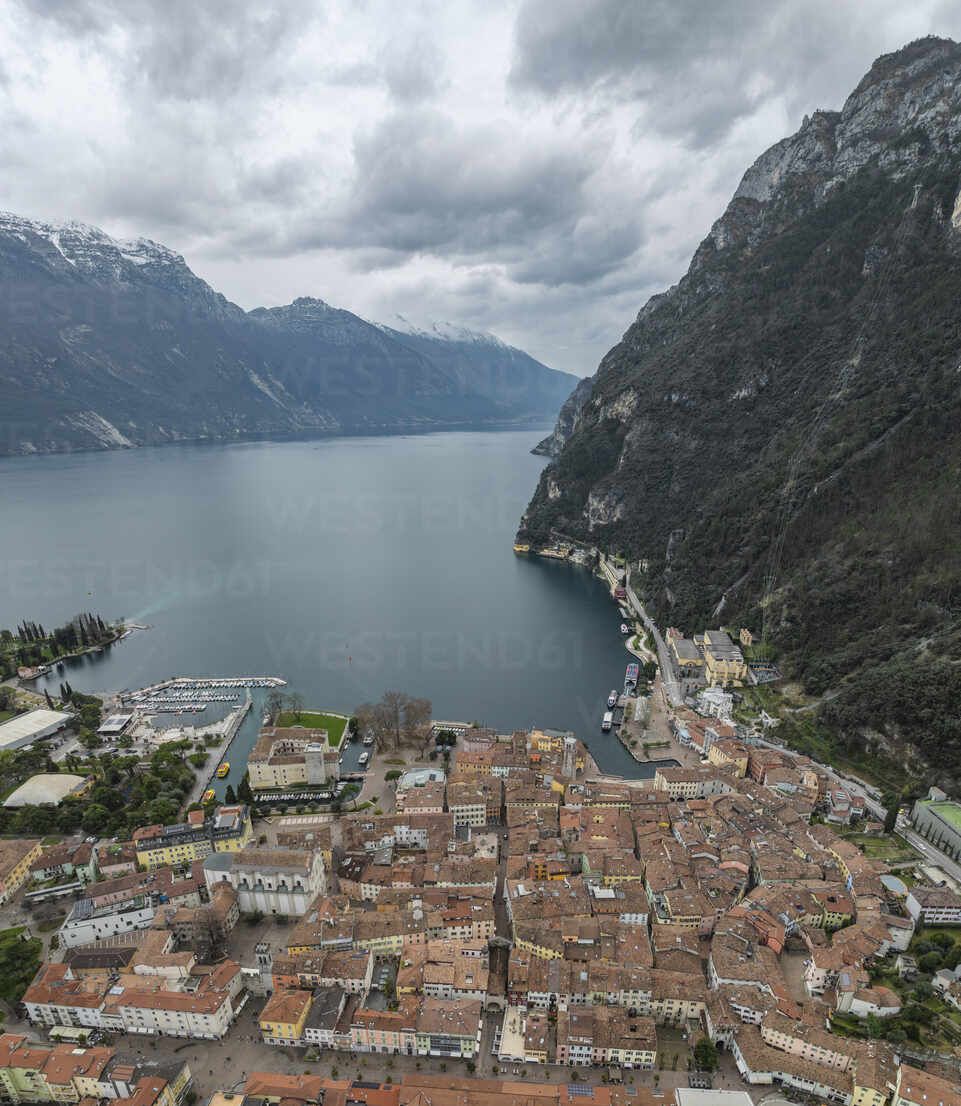 961x1106 Aerial view of Riva del Garda and Sarca River on the shores of Garda Lake, Trentino, Italy