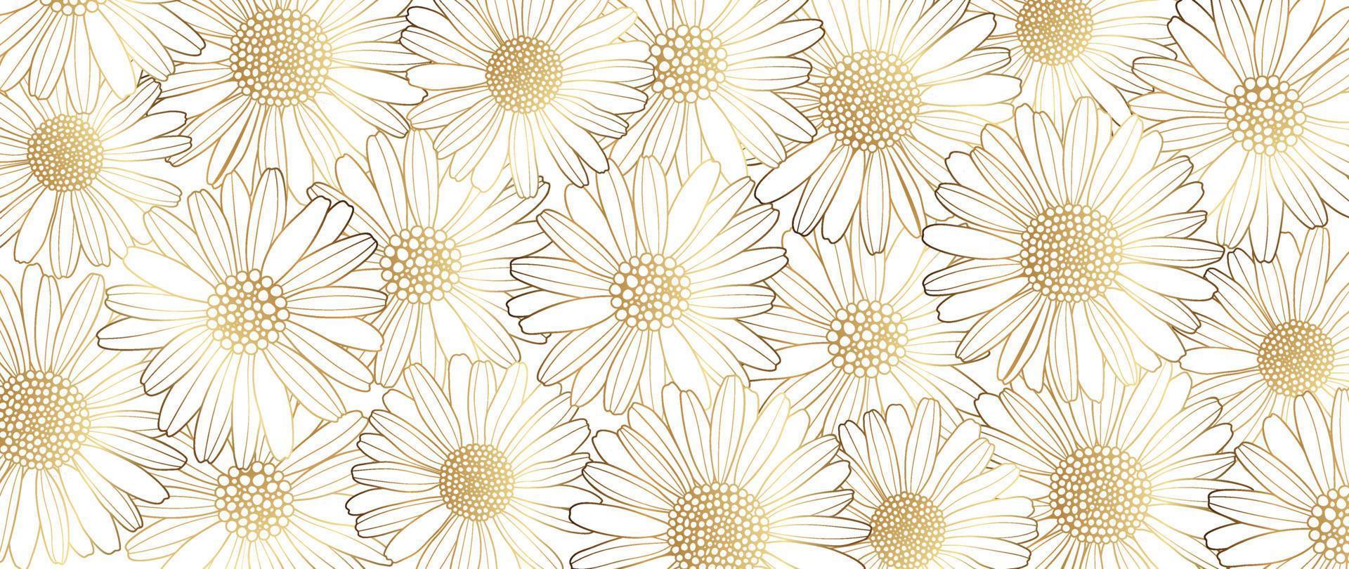 1920x810 Luxury golden daisy flower line art background vector. Natural botanical elegant flower with gold line art. Design illustration for decoration, wall decor, wallpaper, cover, banner, poster, card