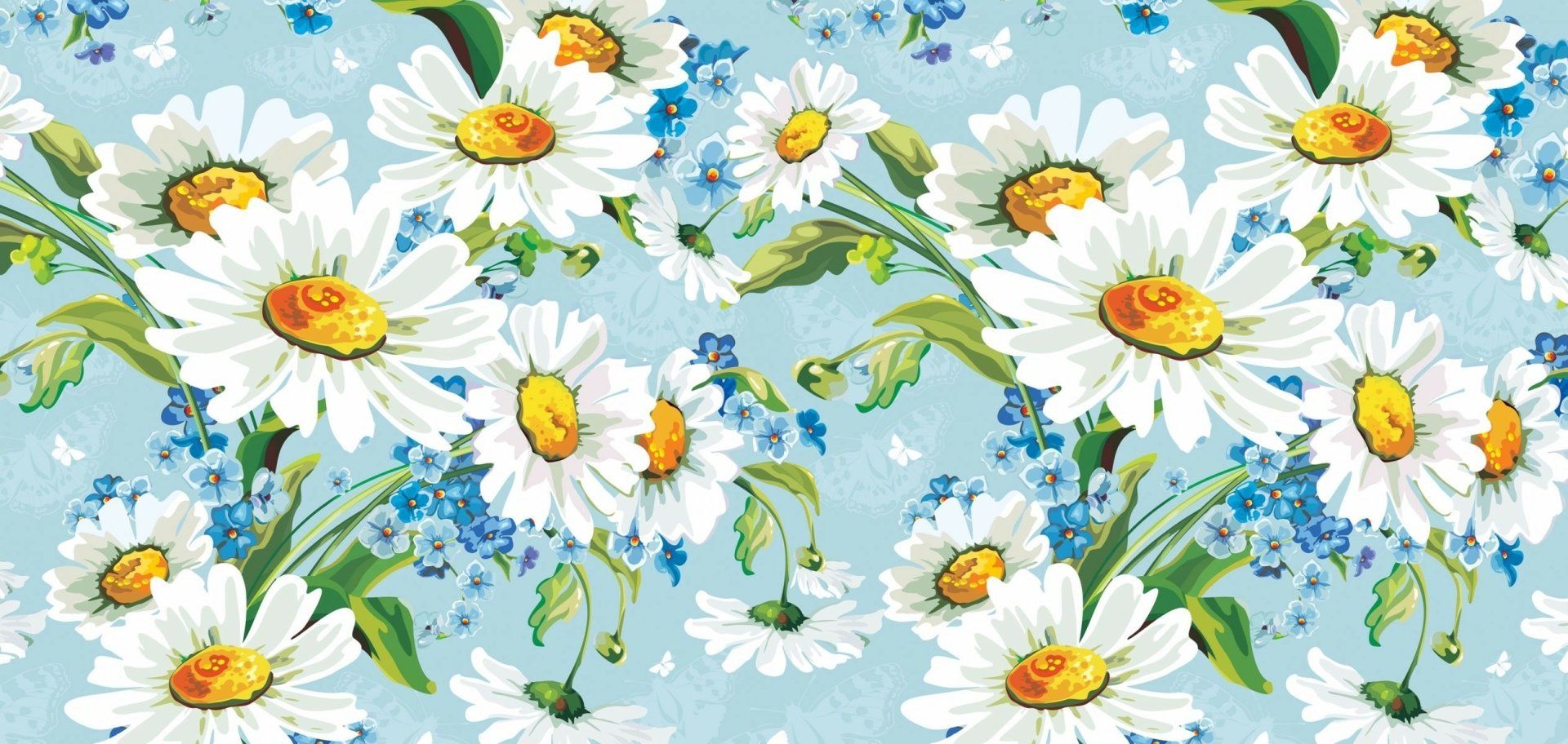 1920x912 Download Camomile Blue Flower White Flower Daisy Flower Artistic Painting HD Wallpaperx1200