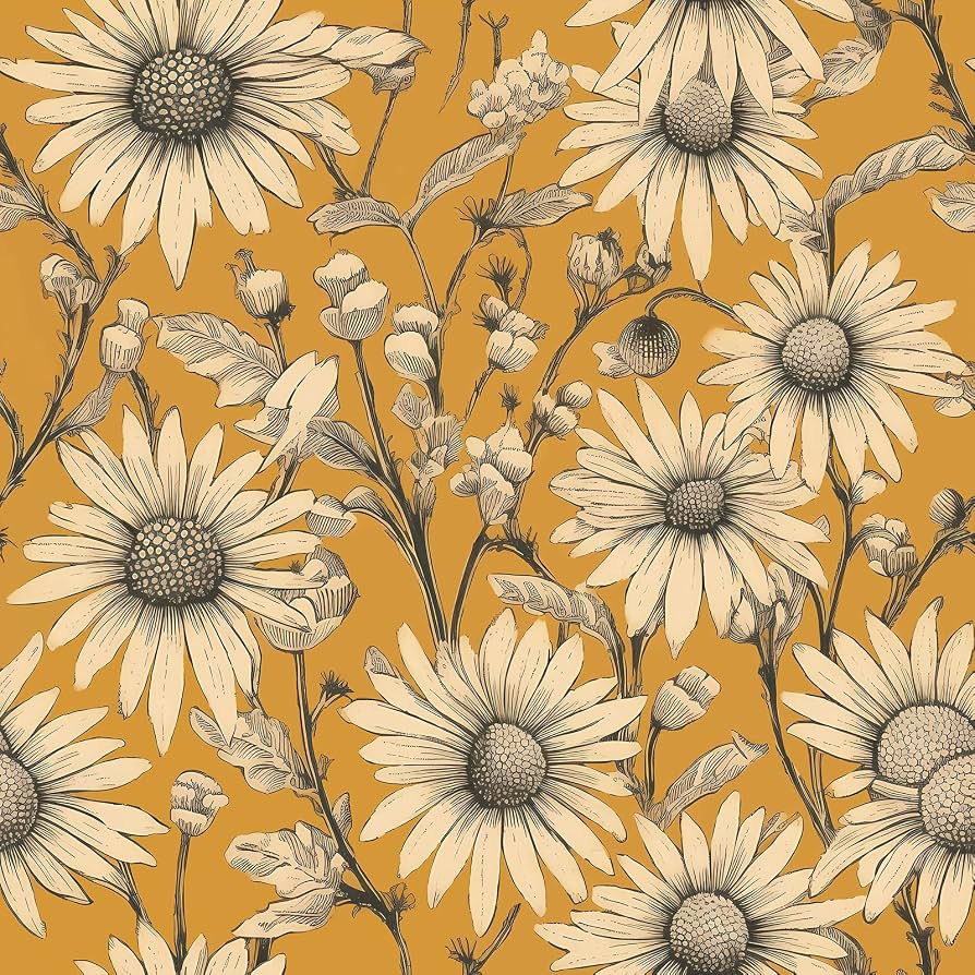 894x894 Livelynine Peel and Stick Floral Wallpaper Mustard Yellow Daisy Vintage Flower Wallpaper for Living Room Bedroom Wall Paper Stick on 44.5CMx7M Contact Paper Self Adhesive Pattern for Furniture : Amazon.co.uk: DIY