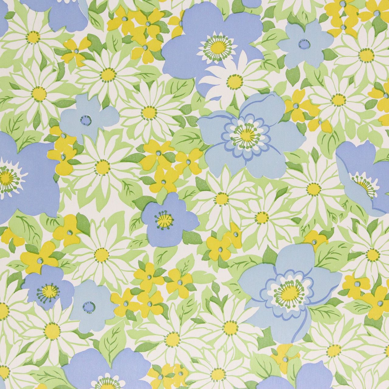 1280x1280 1970s Vintage Wallpaper Retro Flowers Blue and White's Vintage Wallpaper