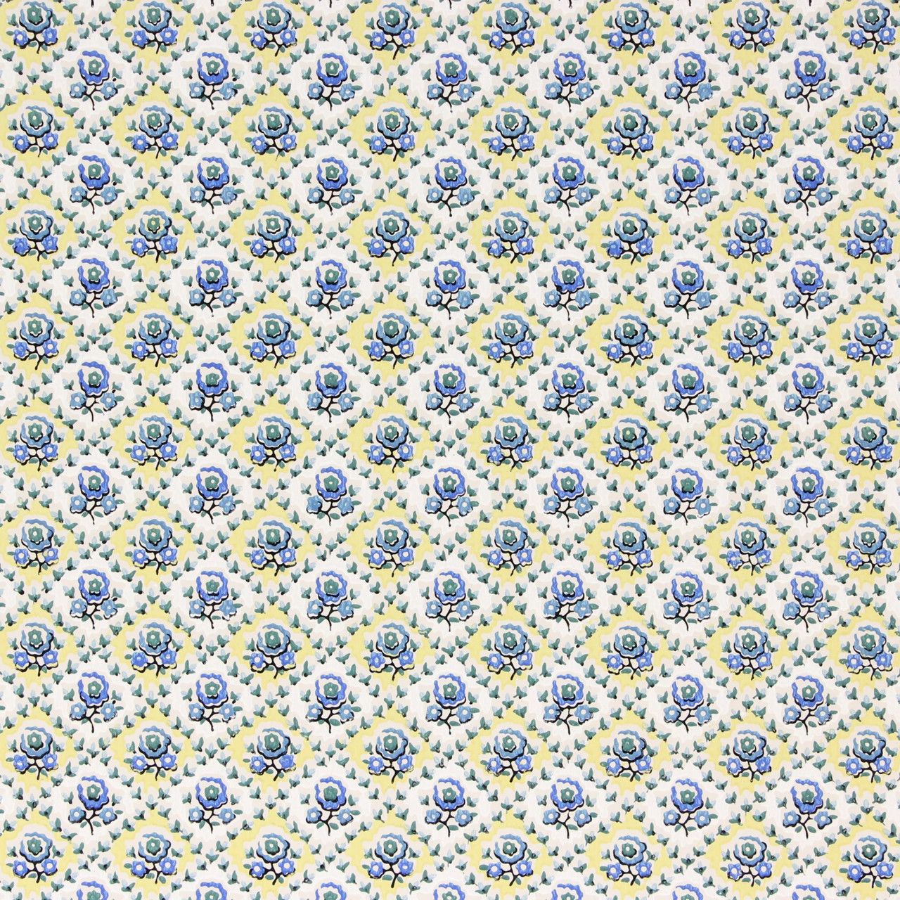 1280x1280 1940s Vintage Wallpaper Blue Flowers on Yellow White Geometric's Vintage Wallpaper