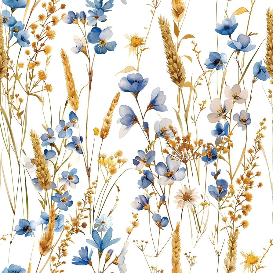 894x894 FunStick Floral Wallpaper Peel and Stick Vintage Botanical Wildflower White Blue and Gold Country Florals Wall Paper Decor Self Adhesive Fall Wheat Floral Contact Paper for Cabinets Drawers 17.5x118