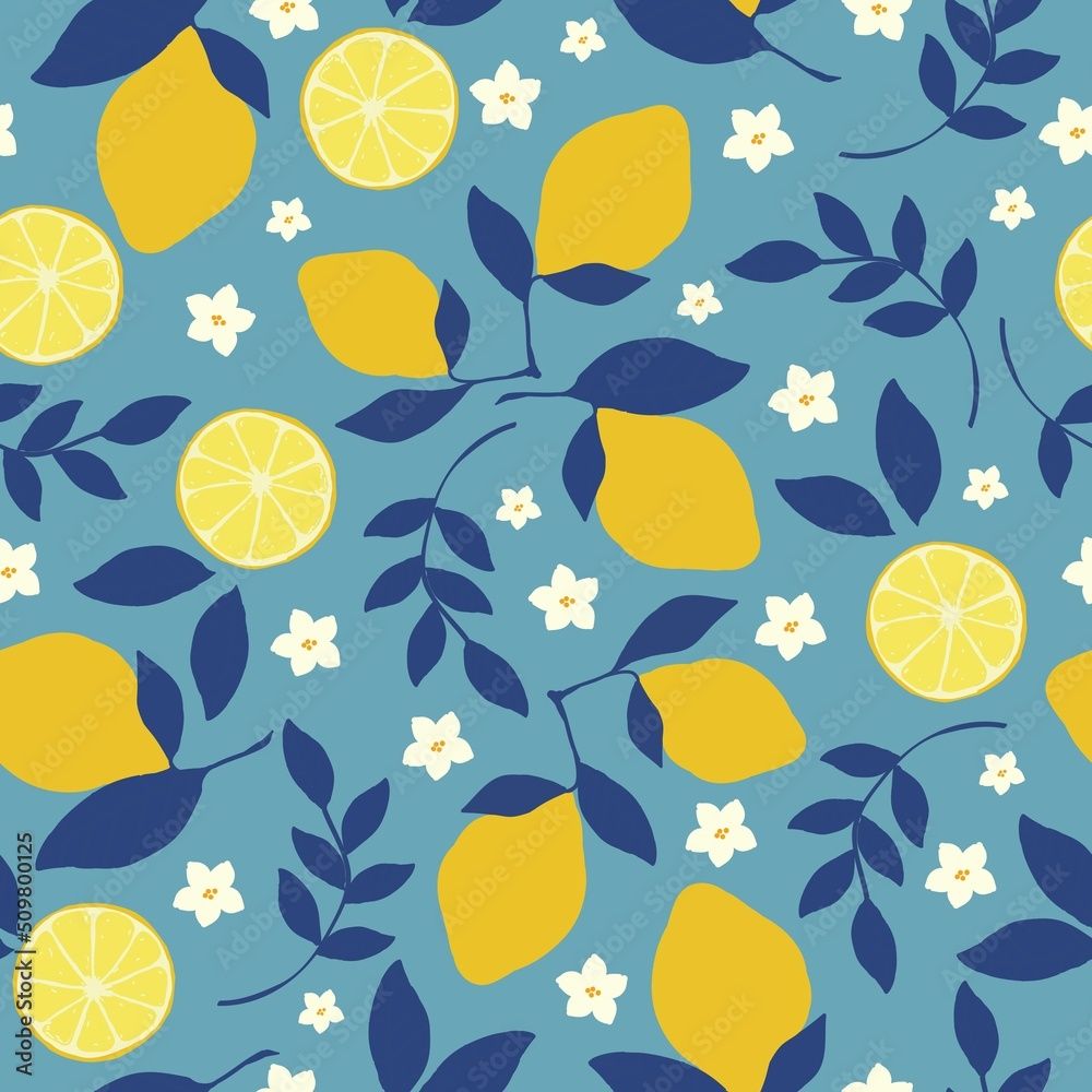 1000x1000 seamless vintage lemon pattern. blue background. yellow lemons , white flowers. vector texture. trendy print for textiles and wallpaper. Stock Vector