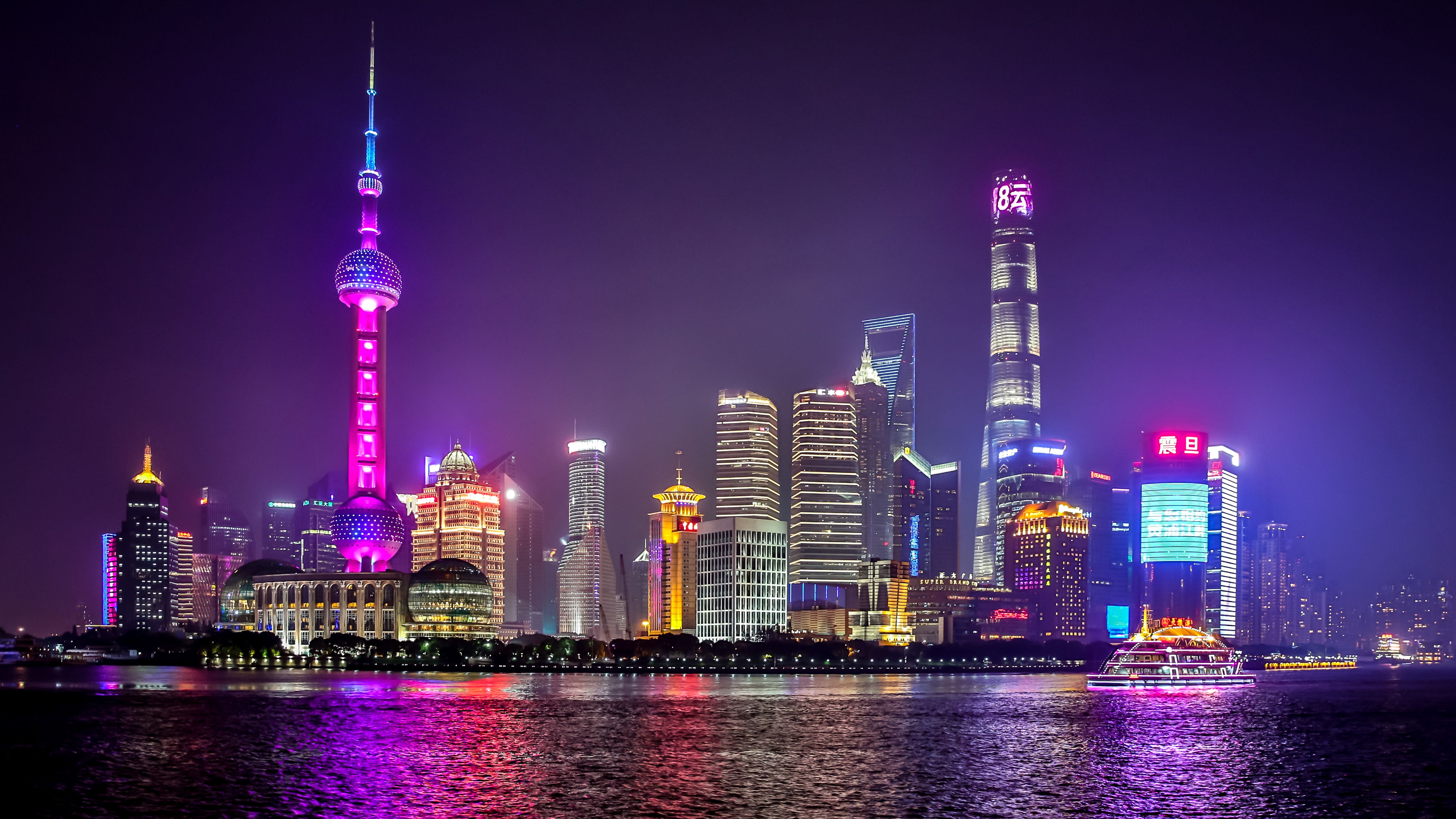 5120x2880 Shanghai Night 5K. Oriental Pearl Skyline 5K. Neon Shanghai Cityscape 5K