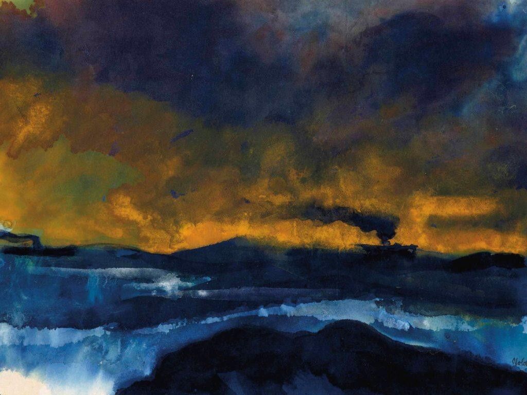1024x768 Sea with Two Smoking Steamers Emil Nolde 1921 German Expressionist Marine Print