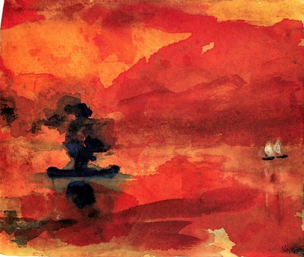 1005x849 Emil Nolde Sea with Steamship and Two Small Sailboats (1946)
