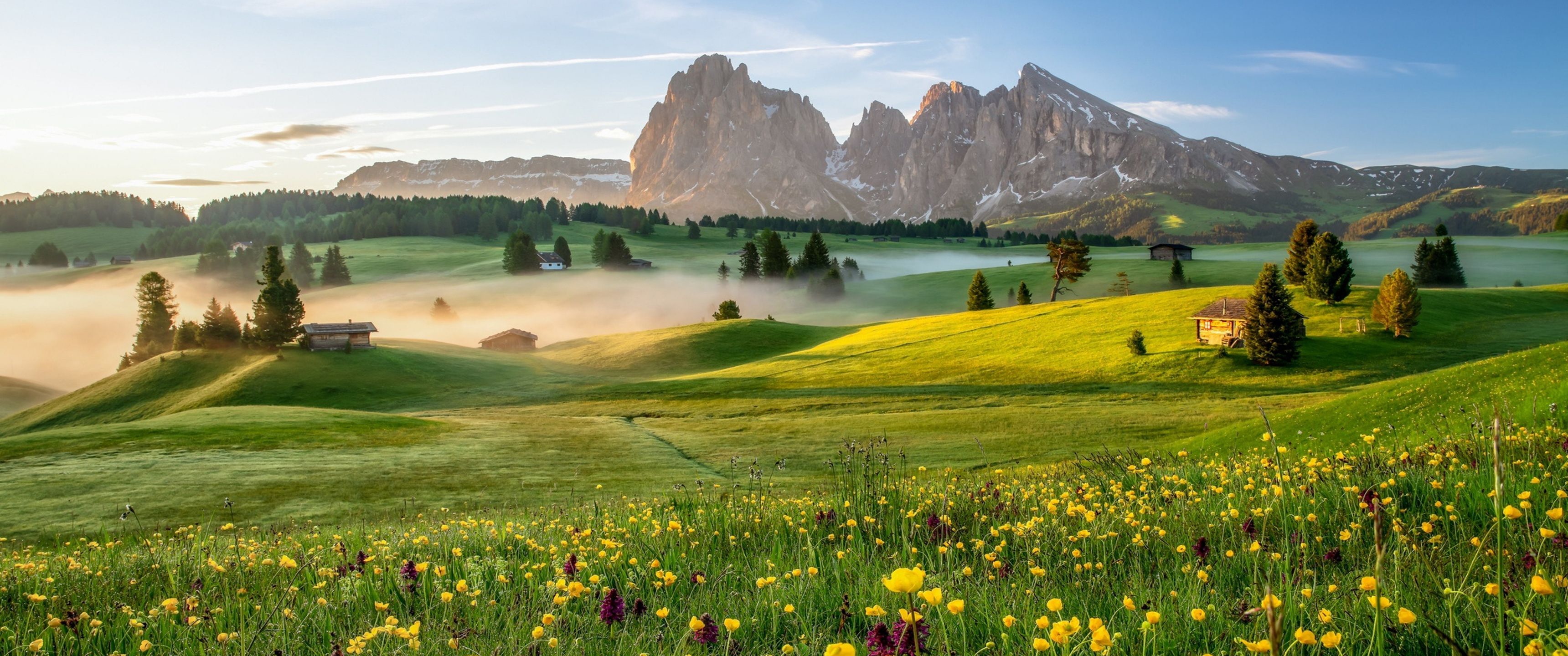 3440x1440 Download Scenery, Nature, Mountains, Fog, Morning, Wildflowers Wallpaper in 3440x1440 Resolution
