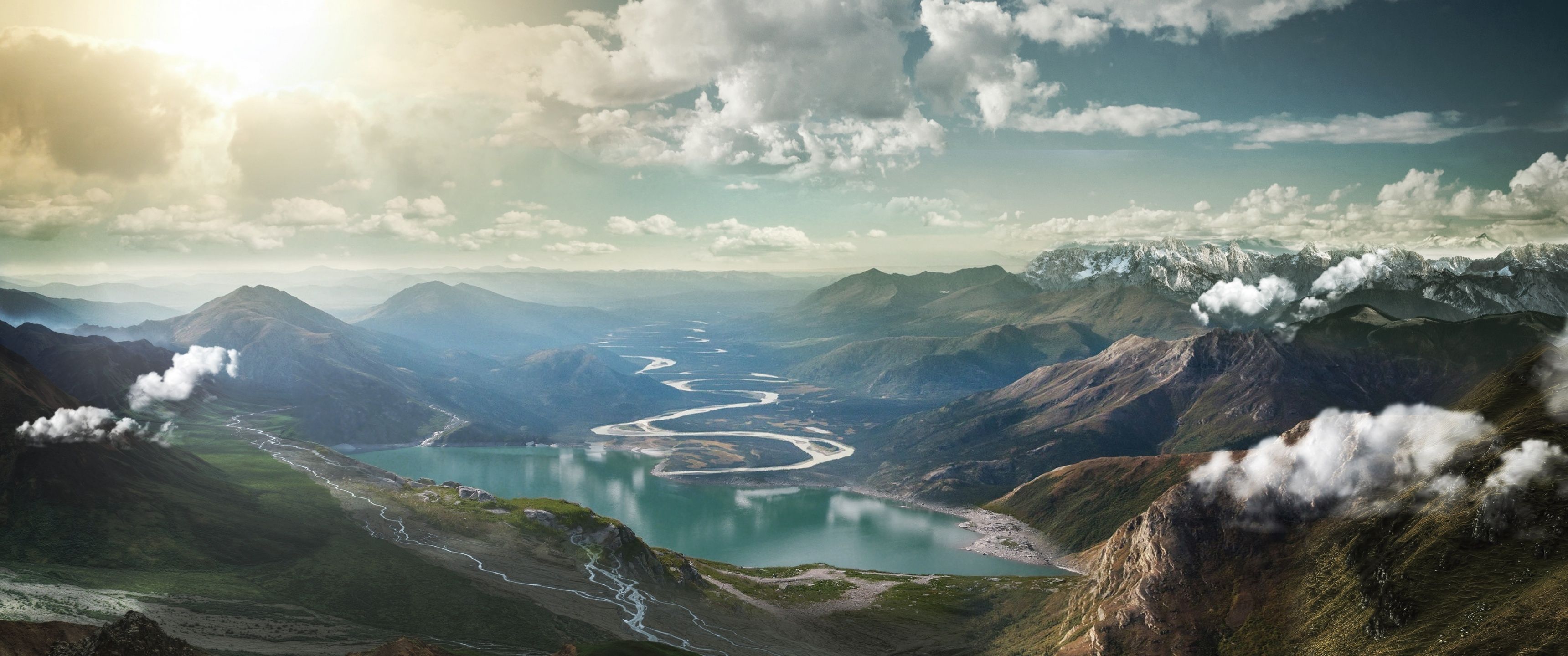 3440x1440 Summer Wallpaper 4K, Landscape, Mountain range, Lake