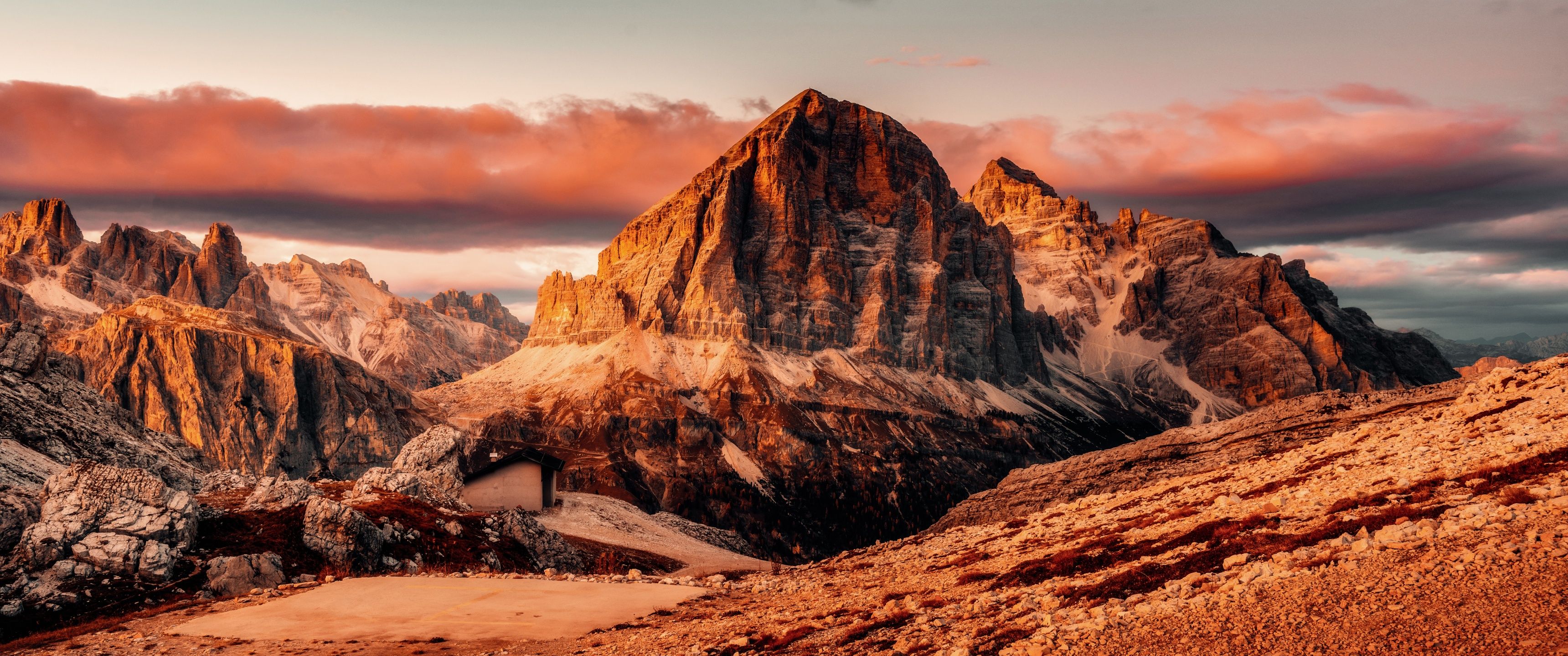 3440x1440 Dolomite mountains Wallpaper 4K, Summer, Italian Alps, Sunset