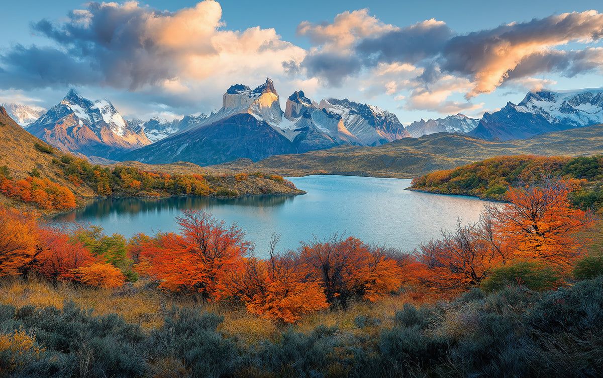 1200x753 Patagonia Mountain Lake Mural Wallpaper. Snow Peaks, Autumn Trees & Reflections