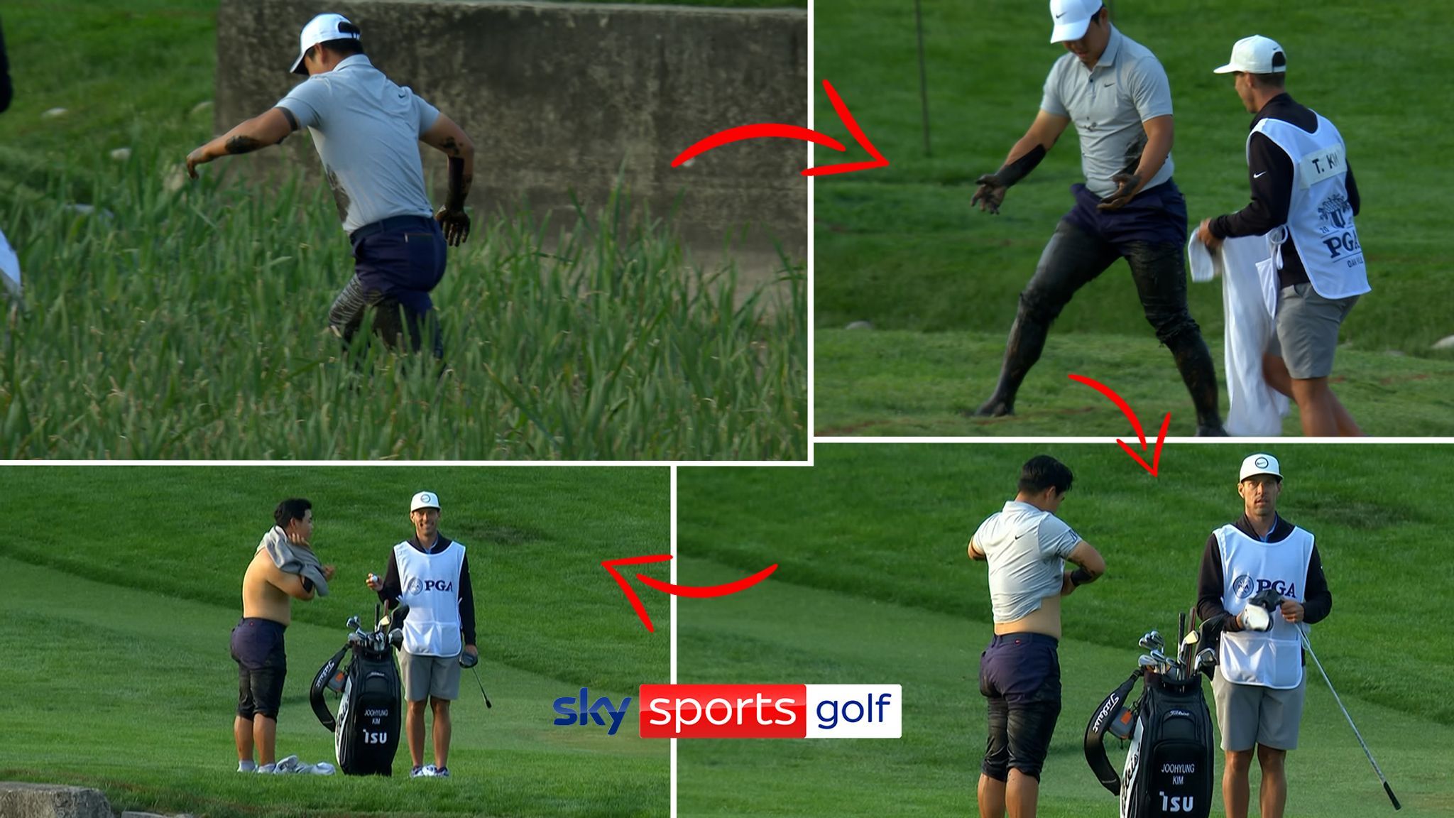 2048x1152 During the first round of the 2023 PGA Championship at Oak Hill, Tom Kim fell in a muddy ditch trying to retrieve his golf ball.much to the enjoyment of the Sky Sports commentary team
