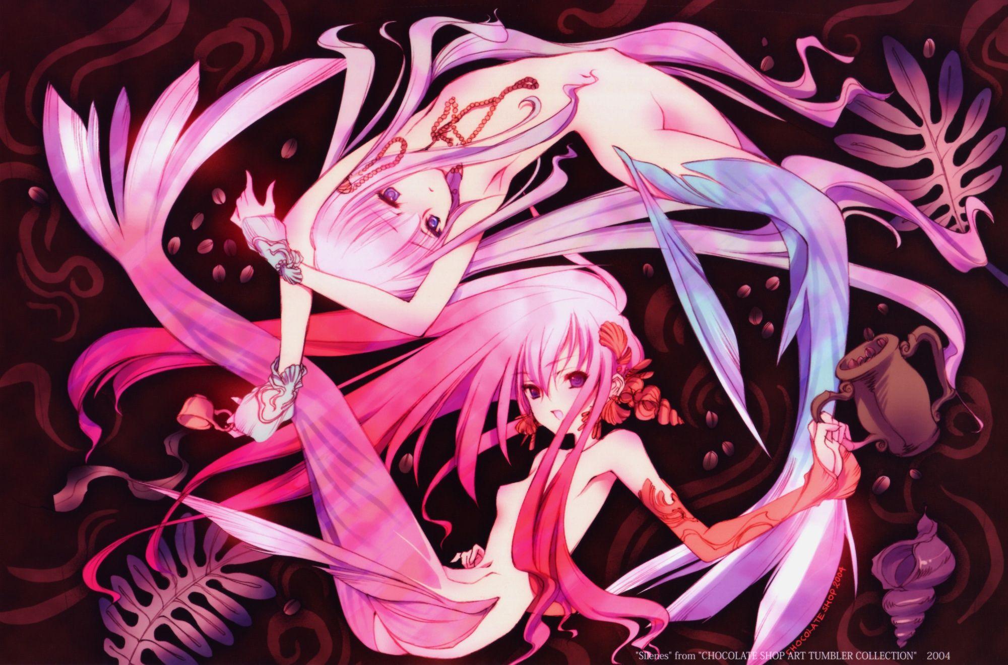 2000x1319 choco chocolate shop long hair mermaid nude pink hair purple eyes