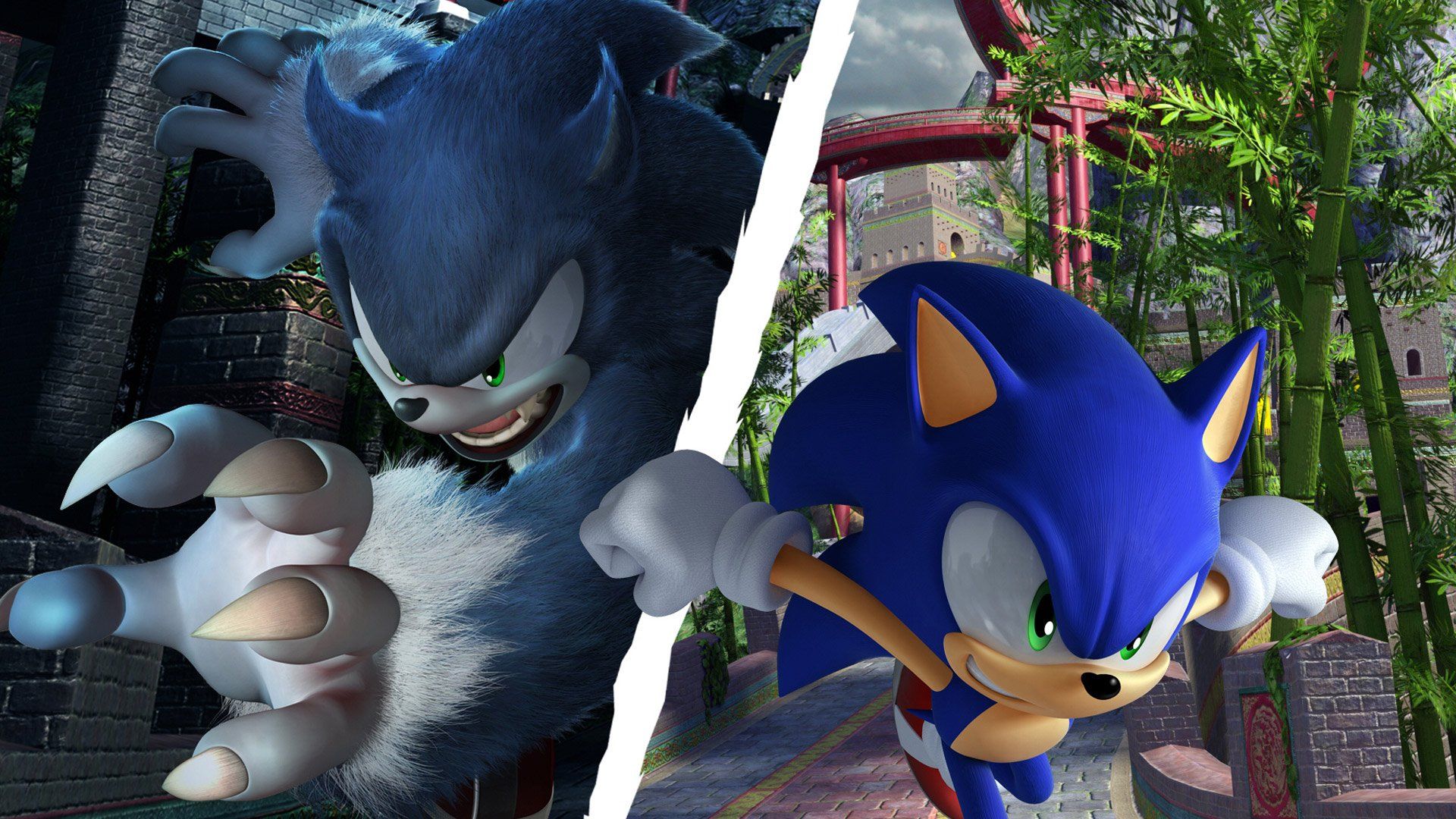 1920x1080 HD Wallpaper of Sonic the Werehog and Sonic the Hedgehog from Sonic Unleashedx1080