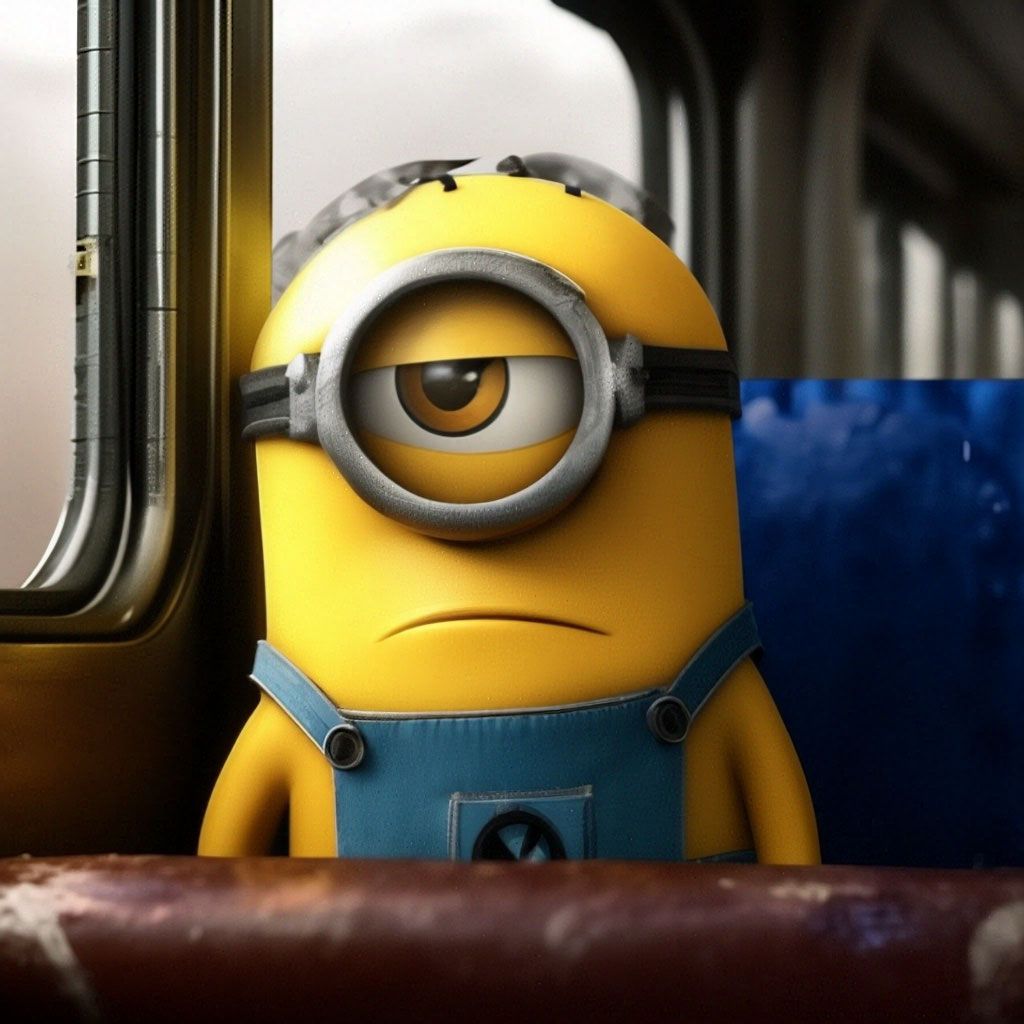 1024x1024 Minion Stewart with one eye lives on a train, sad, it's raining outside