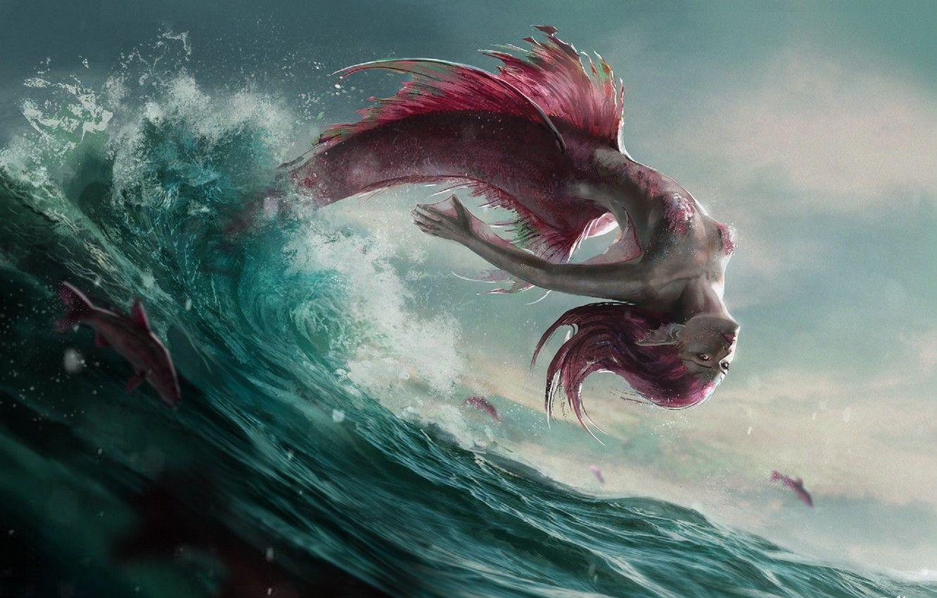 1332x850 Wallpaper wave, fish, squirt, jump, mermaid, scales, tail, fins