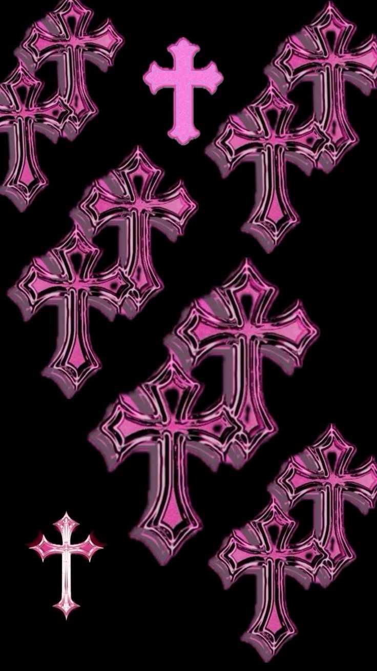 736x1308 Chrome hearts wallpapaer. Chrome hearts wallpaper horizontal, Pink and black chrome hearts, Pink crosses