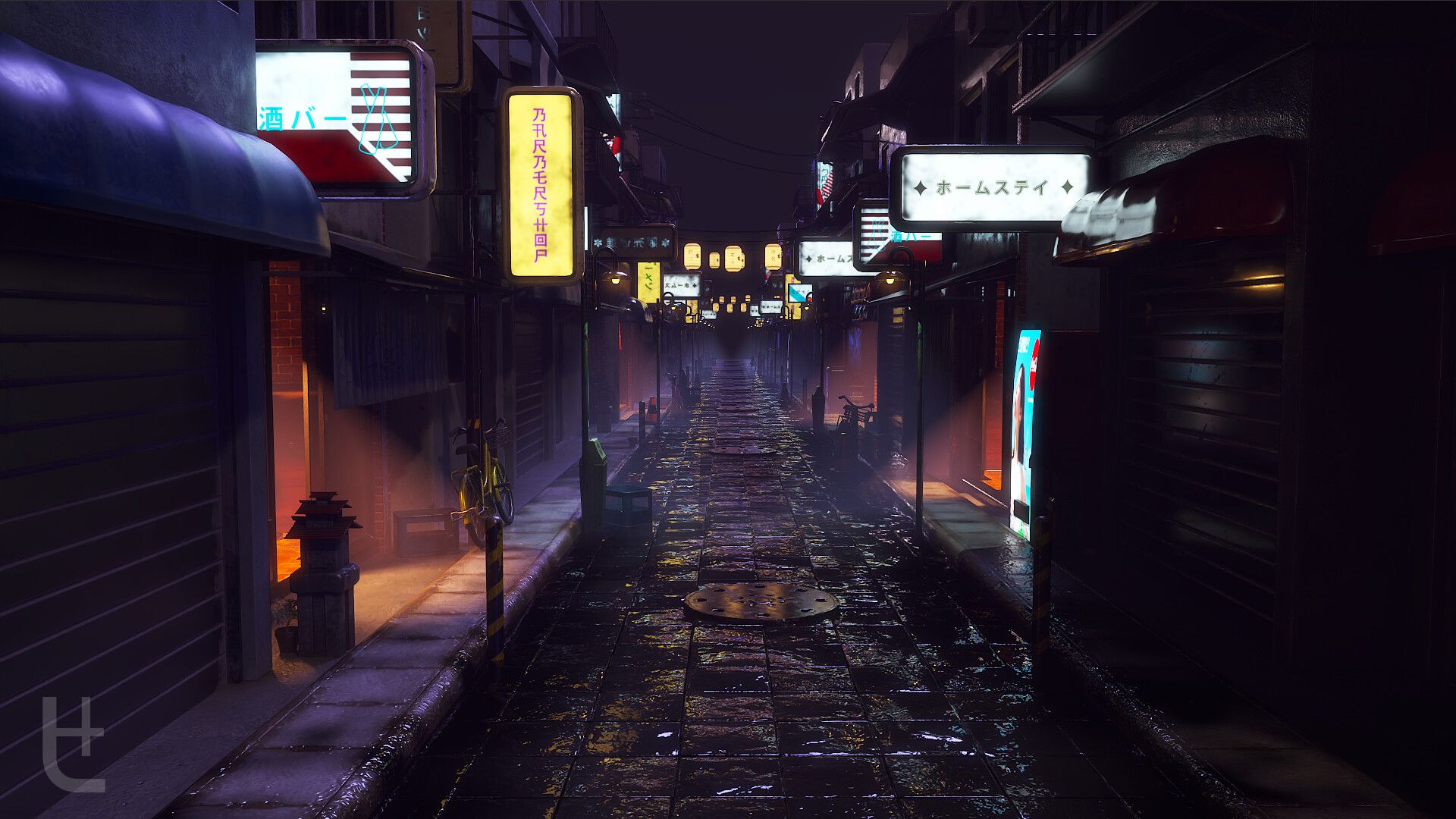 1920x1080 Night Time After Rain Japanese Downtown Alley