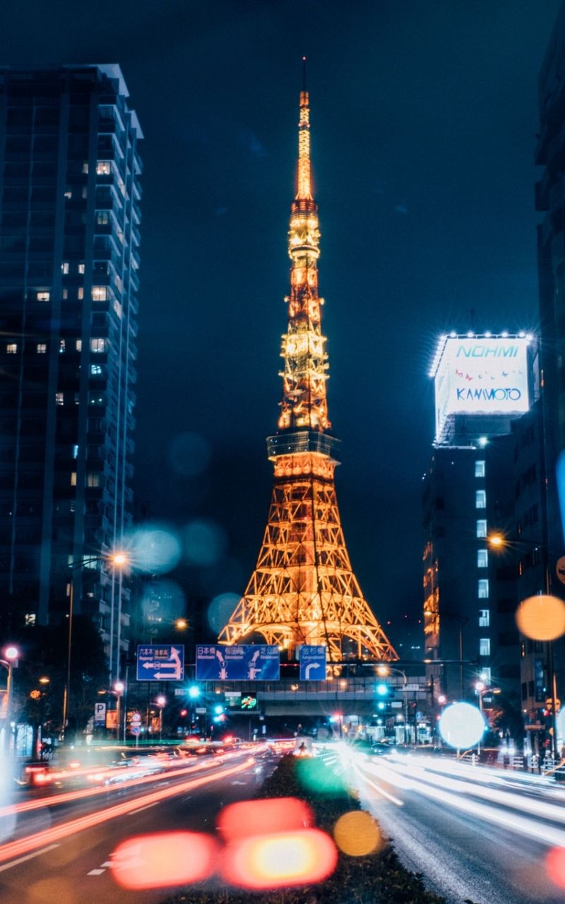 800x1280 Phone wallpaper: Man Made, Tokyo Tower, City, Bokeh, Skyscraper, Time Lapse, Japan, Tokyo, Building, Night 1385565