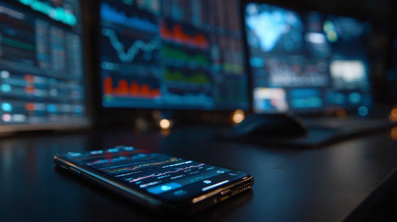 1285x720 Close Up Of Mobile Phone With Trading Charts In Front Of Monitors