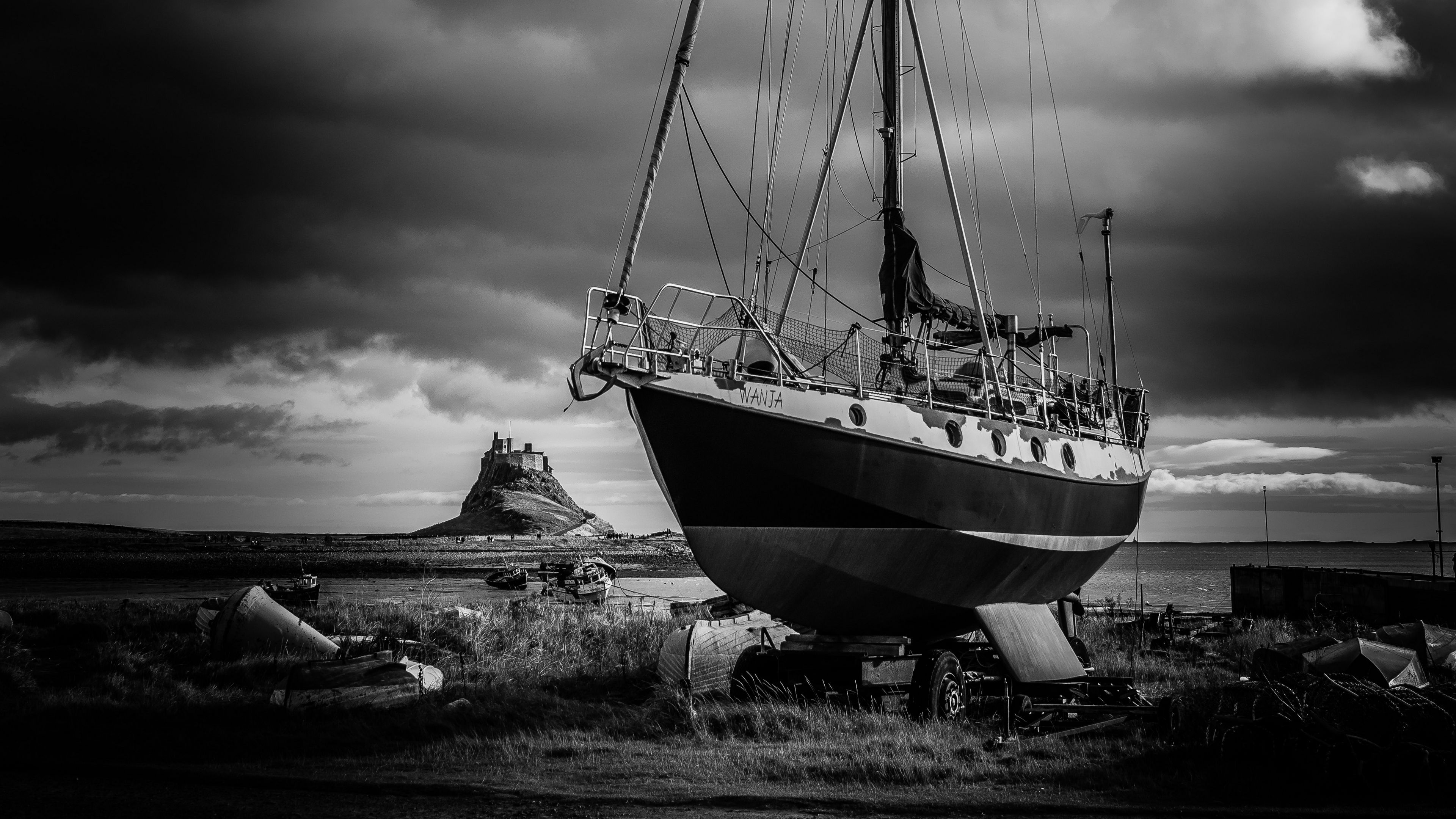3840x2160 Download wallpaper 3840x2160 yacht, clouds, black and white 4k uhd 16:9 HD background