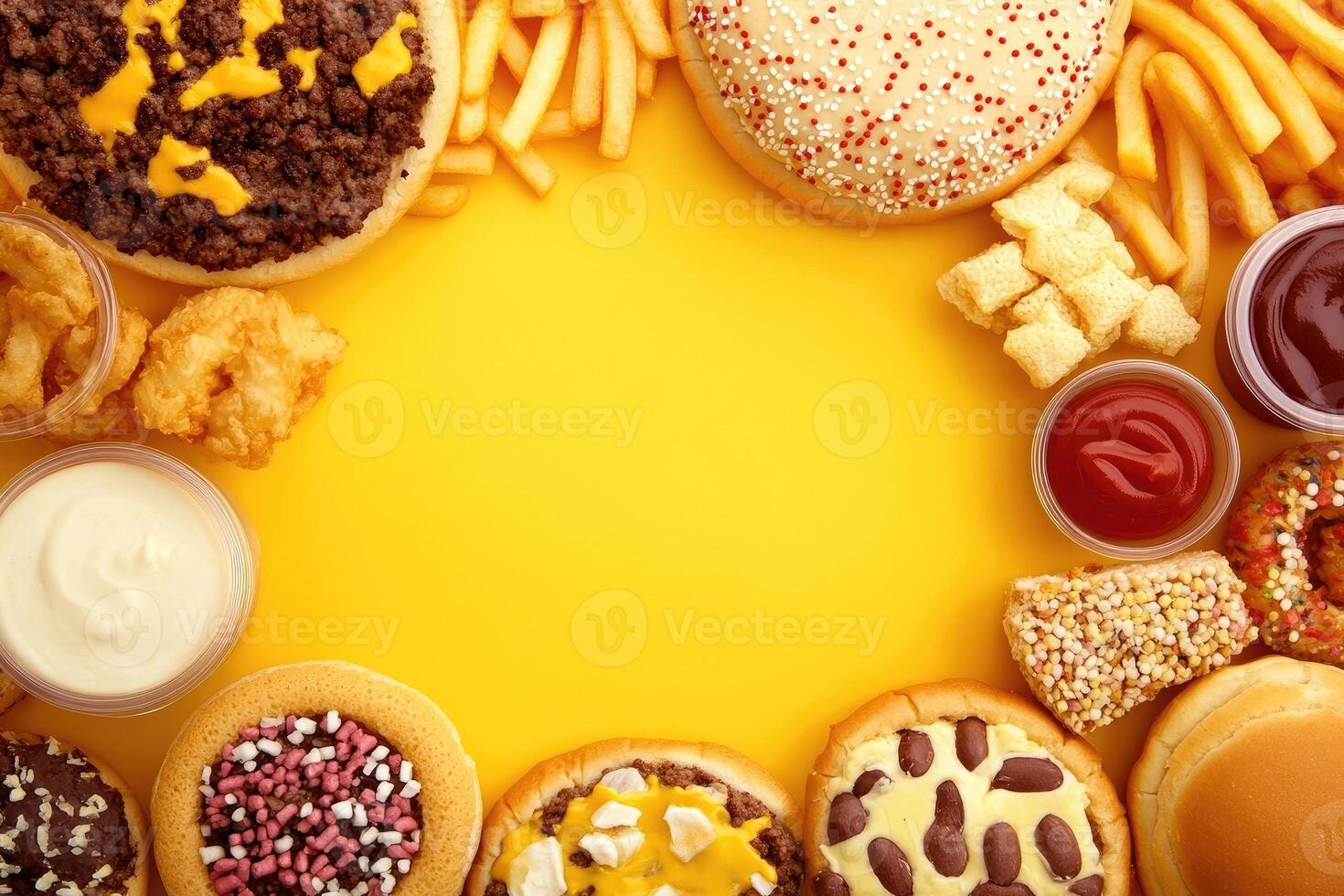 1470x980 Fast food feast, a colorful array of unhealthy treats