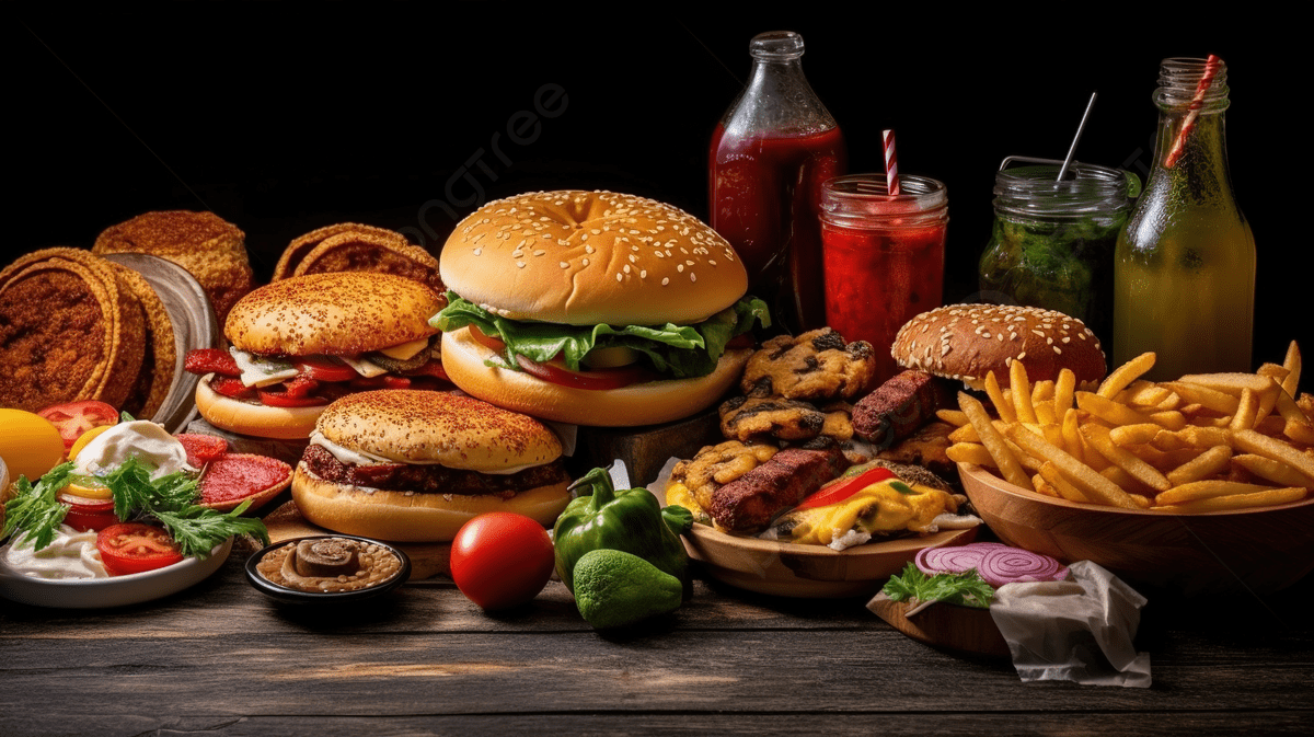 1200x673 Assortment Of Various Fast Food Items Displayed On A Textured Gray Table, Hamburger Burgers, Burger And Fries, Unhealthy Food Background Image And Wallpaper for Free Download