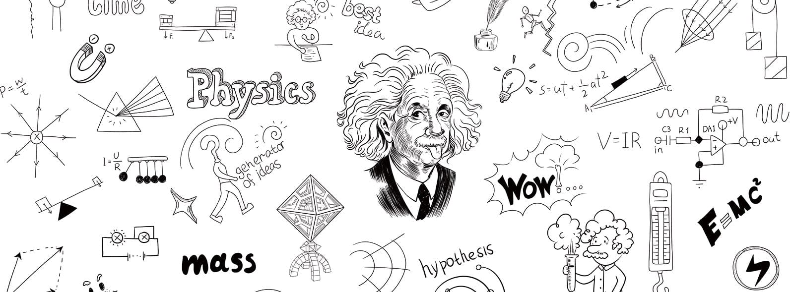 1600x589 Einstein Inspired Scientific Doodles Monochrome Wall Mural Physics Art Design