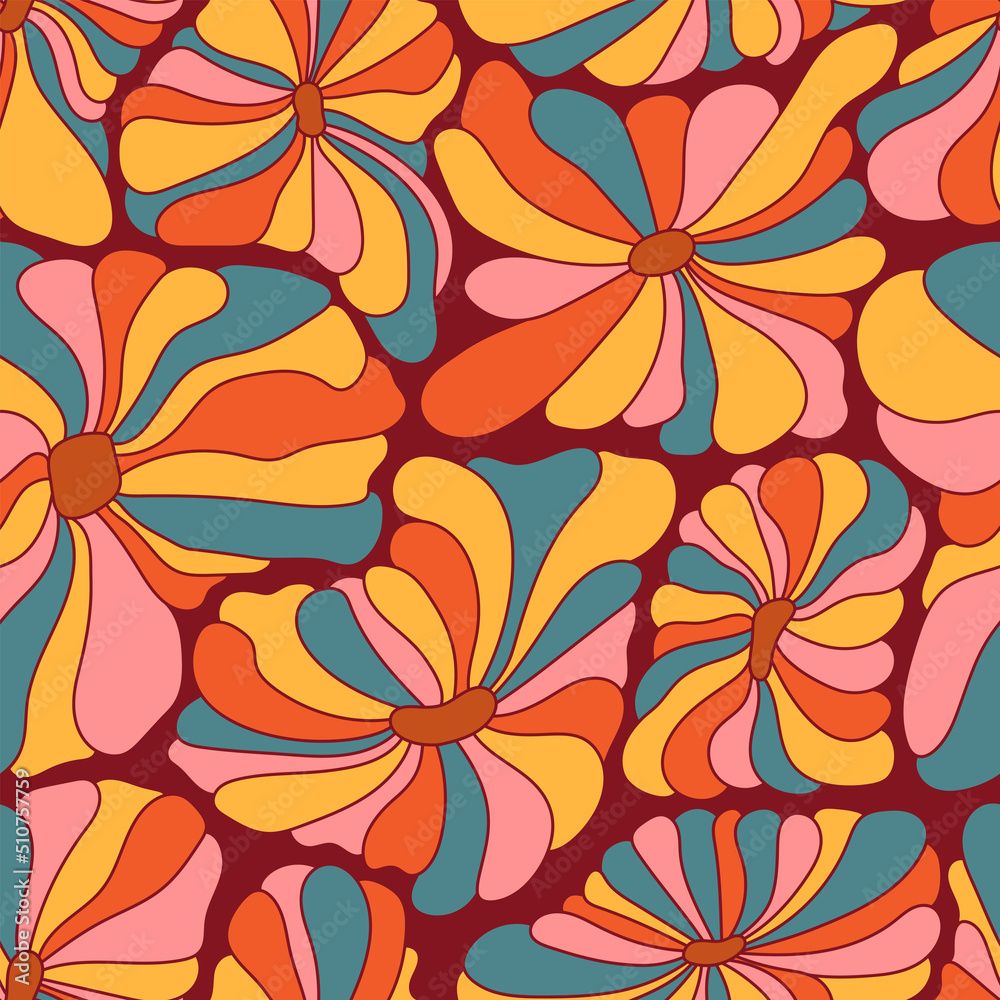 1000x1000 Abstract Retro 70s Background. Psychedelic Colorful Vector Seamless Pattern. Groovy 60s Fashion Print. Vintage Hippie Floral Illustration. Old School Colored Wavy Line Art Wallpaper Stock Vektor