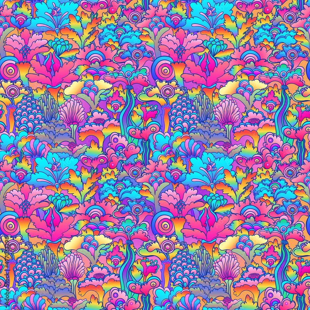 1000x1000 Floral colorful seamless pattern, retro 60s, 70s hippie style background. Vintage psychedelic textile, fabric, wrapping, wallpaper. Vector repeating illustration. Stock Vector