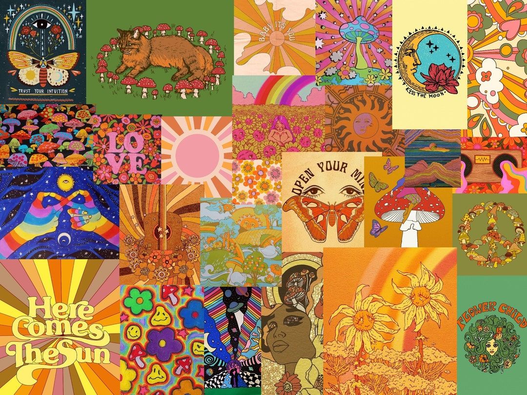 1080x810 70s Psychedelic Wall Collage Kit: Hippie Indie Art Prints