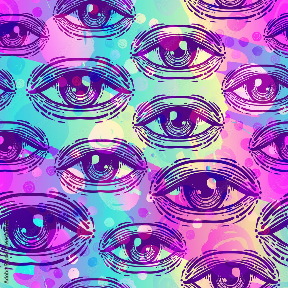 1000x1000 Eyes, seamless pattern in vintage psychedelic style. Ethnic background for textiles, fabric design, scrapbook, wrapping paper, wallpaper. Vector illustration. Astrology, religion. Stock Vector