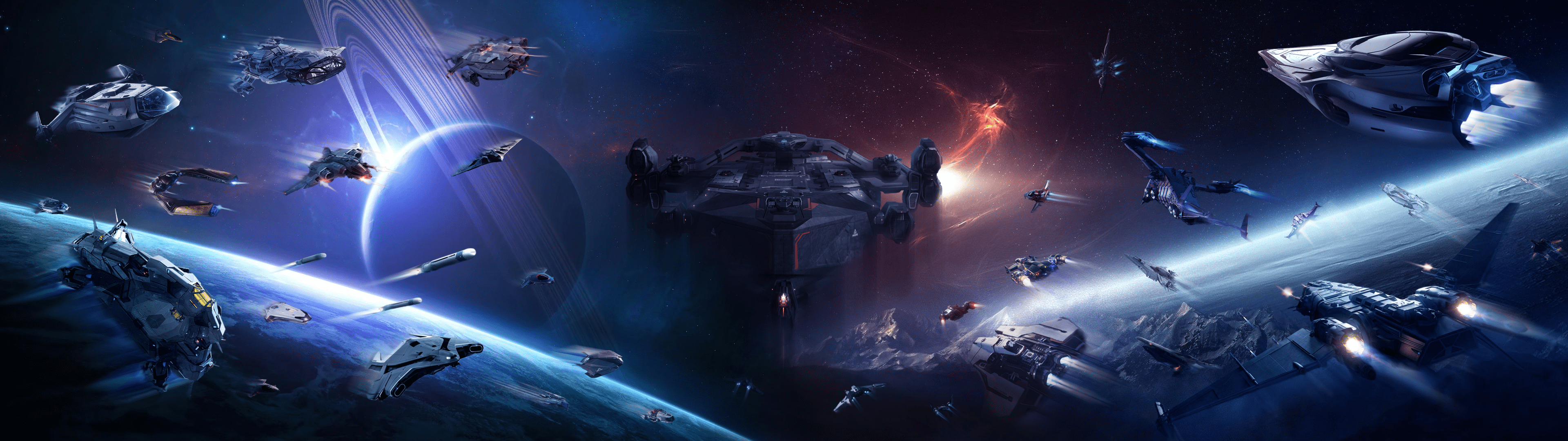 3840x1080 Buddy saw my last post here and wanted a wallpaper with his entire fleet as well. Yes, he has alot of ships haha (sized for double monitors)