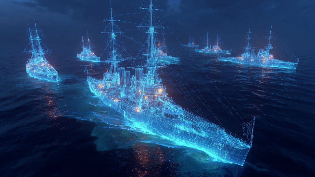 1285x720 Futuristic Holographic Battleships on Ocean at Night