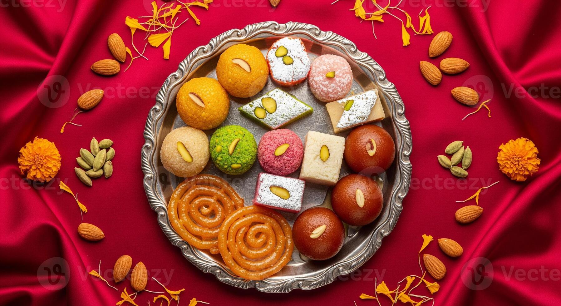 1797x980 Indian Sweets Mithai for Diwali and Other Festivals on a Red Cloth