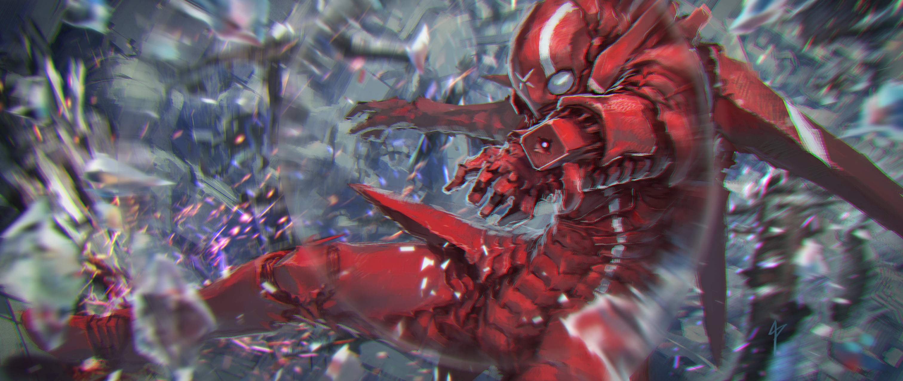 3024x1276 Red monster illustration, digital art, fantasy art, artwork, knight of sidonia HD wallpaper