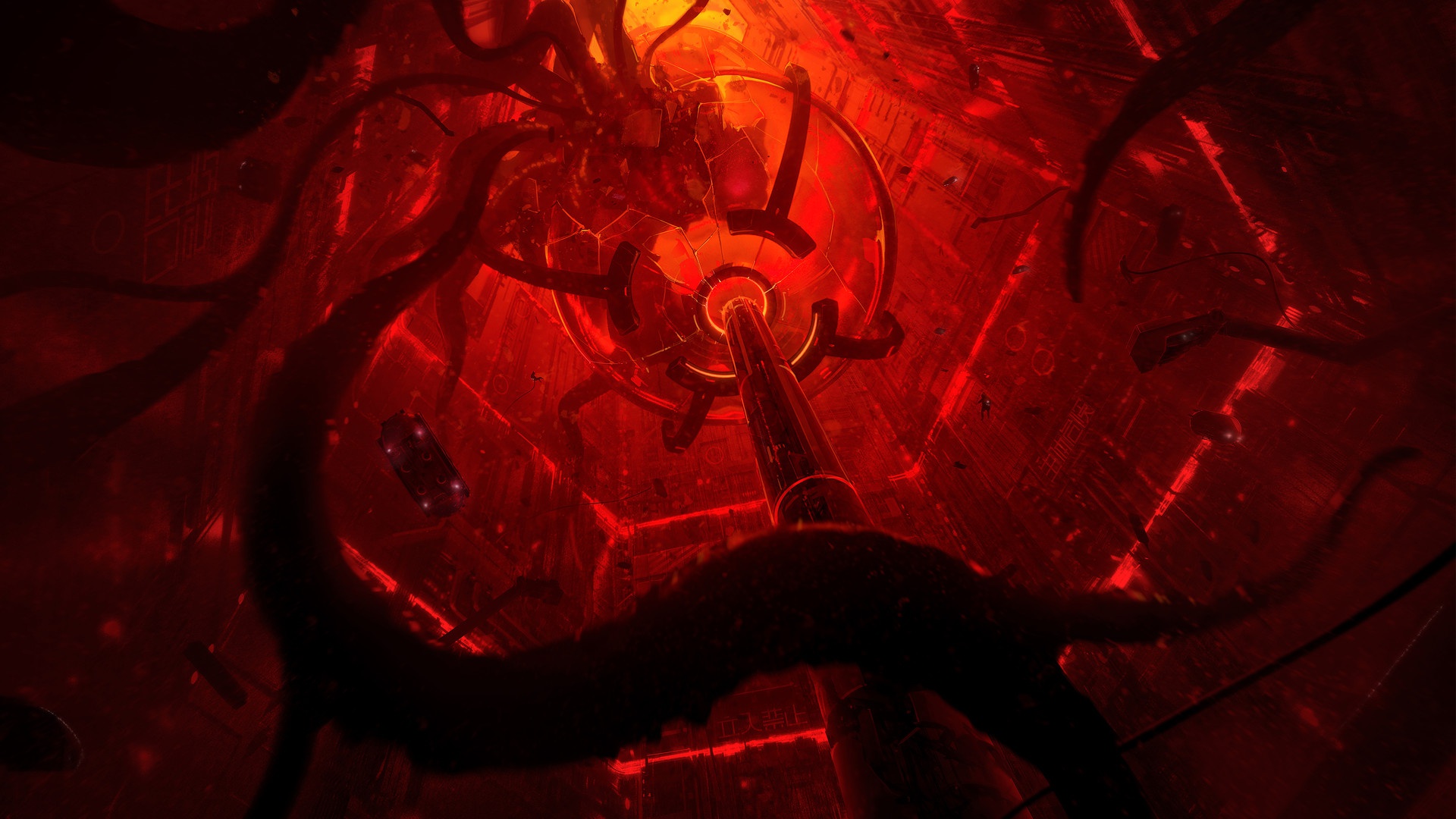 1920x1080 Wallpaper red, city, fiction, fantasy, art, Daniel Liang, by Daniel Liang, Sidonia for mobile and desktop, section фантастика, resolution 1920x1080