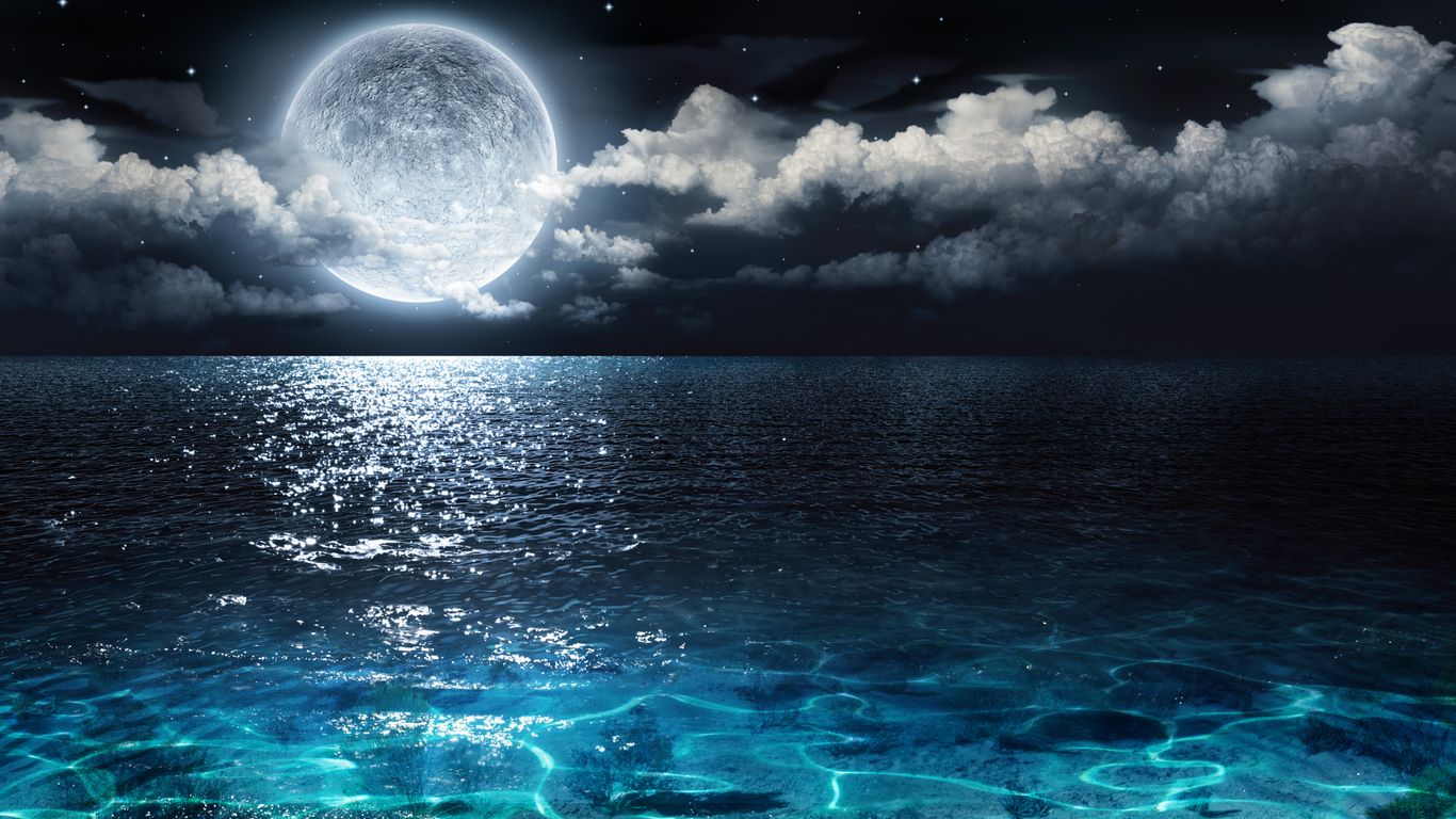 1366x768 Download Moon over the ocean, Moon, Ocean, Night, Clouds, 3D Wallpaper in 1366x768 Resolution