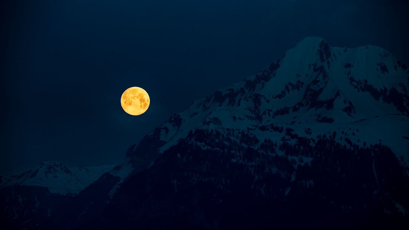 1366x768 Download wallpaper 1366x768 moon, mountains, night, full moon, moonlight tablet, laptop HD background